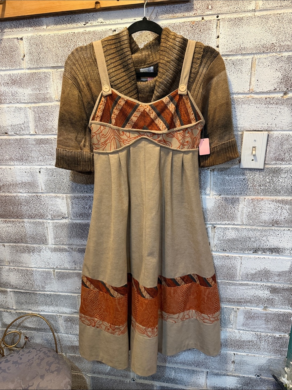 Vintage Inspired Patchwork Pinafore Dress & Cowl Neck Sweater Set Boho - Picture 2 of 12